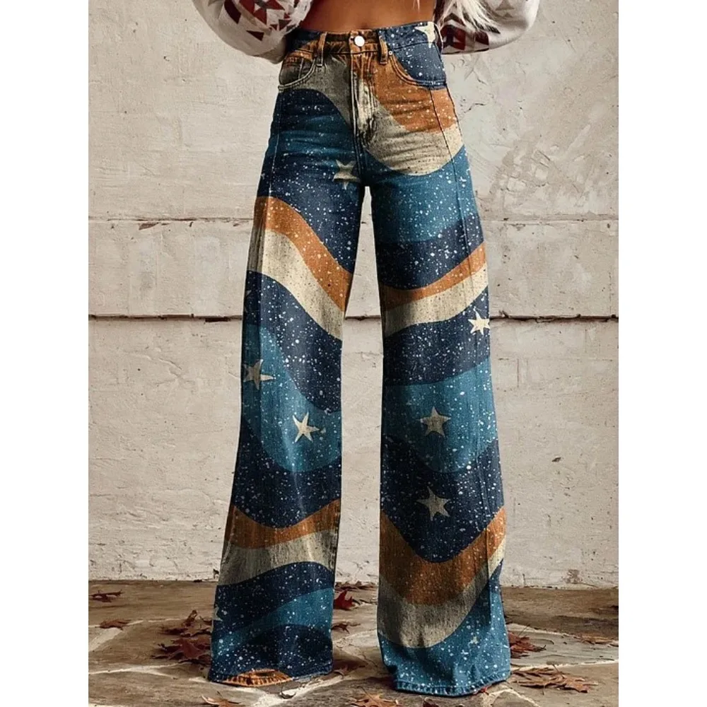 Damenhose mit Folk-Art-Print, hoher Taille und weitem Bein, Boho-Freizeithose, farbenfrohe, bequeme, locker sitzende Hose für den Alltag – Detail 11