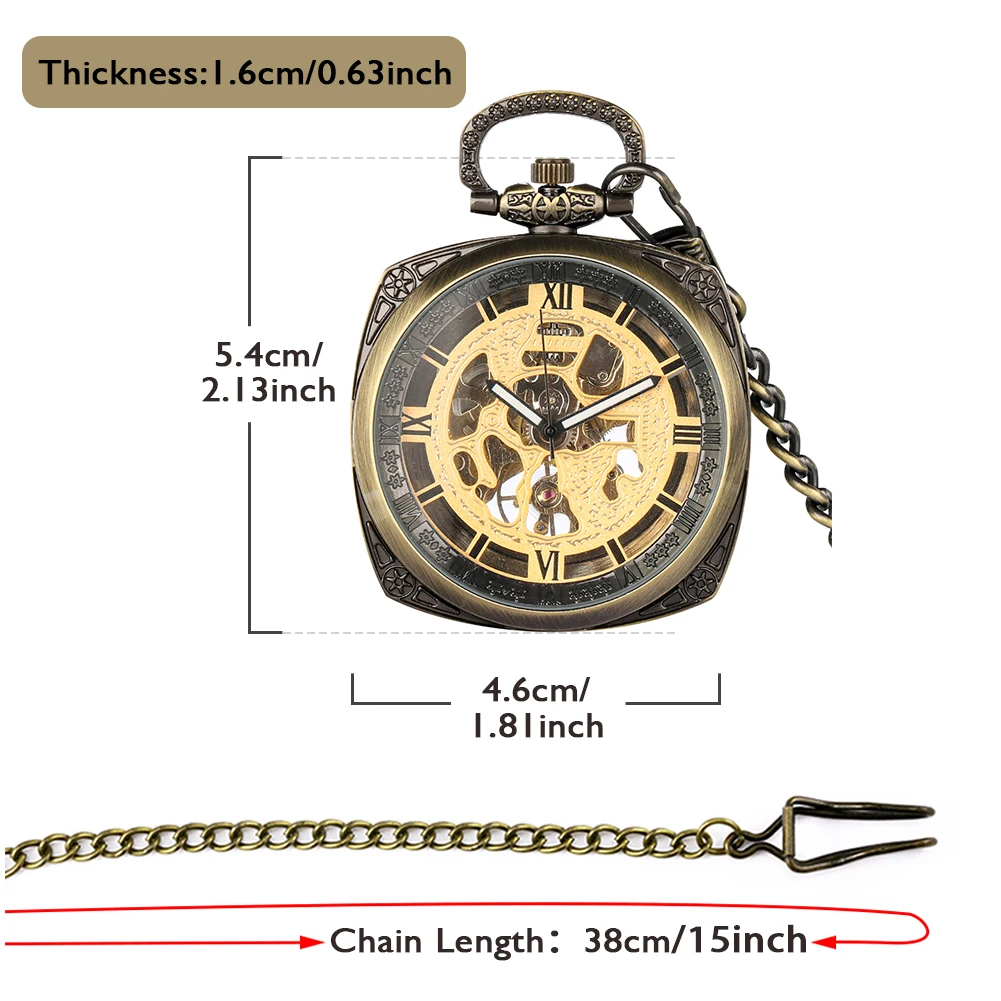 Vintage Bronze Square Mechanical Hand Winding Pocket Watch Hollow Out Roman Numerals Dial Open Face Pendant Pocket Clock Men