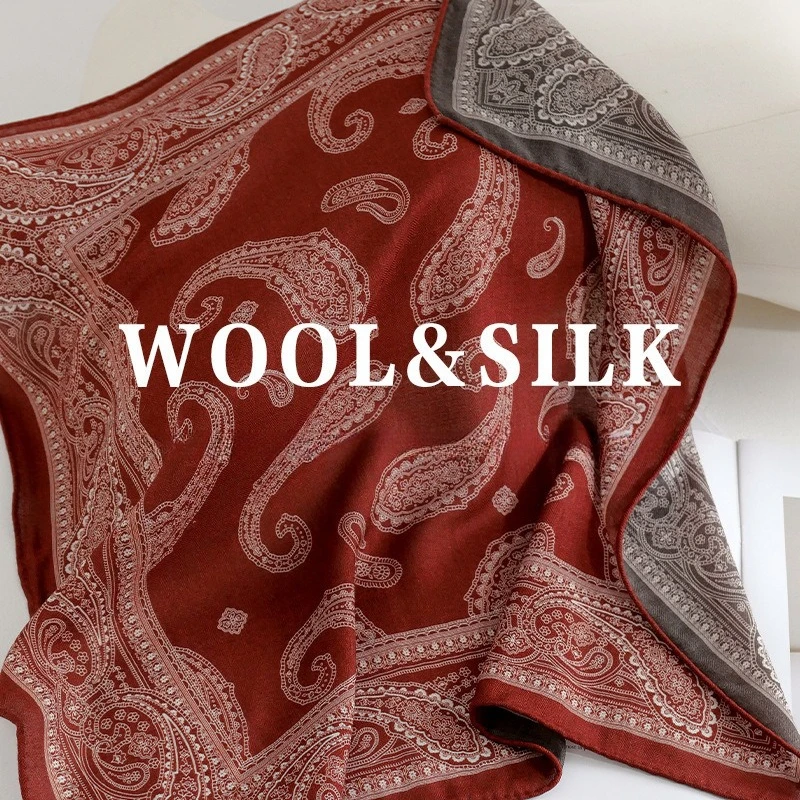 Burgundy Paisley Silk Wool Blend Small Square Scarf for Women, Lightweight Premium Neck Scarf, Fall Winter Decorative Neck Wrap