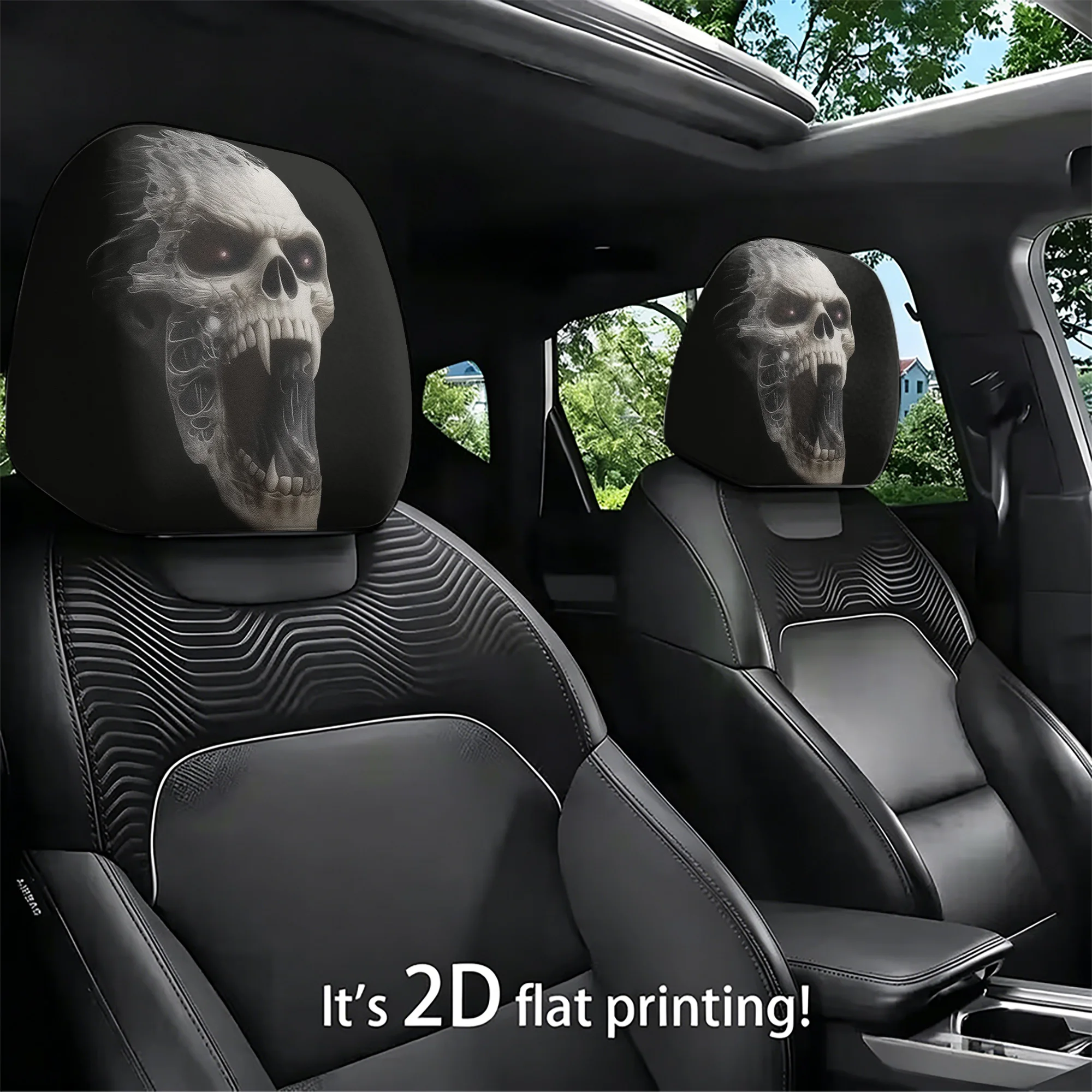 2pcs Gothic Skull-Patterned Car Headrest Covers, adding a bold, avant-garde style to your car’s interior. Easy to install.