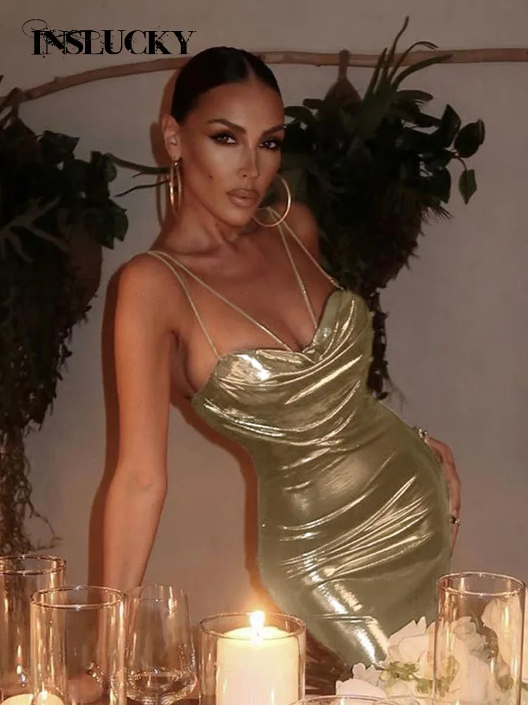 InsLucky-Gold Shiny Elegant Maxi Dress for Women,Ruched Neck Backless Strap,Slim Robe,Evening Party Dresses,Female Fashion,2024