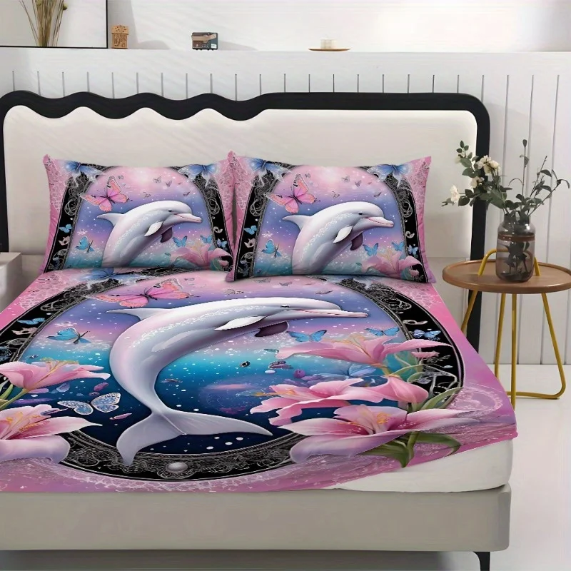 3Pcs Flower Dolphin Patterned Mattress Protective Cover (1 * Bed Sheet + 2 * Pillowcases) Skin-Friendly  for Home  Four Seasons