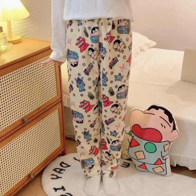 Crayon Shin-Chan Sleeping Pants for Women Winter Flannel Cartoon Warmth Leisure Time Coral Fleece Pants Home Pants Gift for Girl