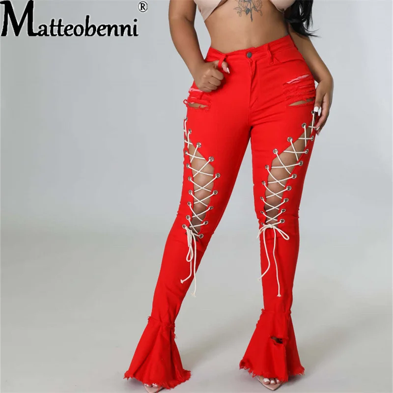 Sexy Slim High Waist Jeans Women Vintage Ripped Stretch Eyelet Bandage Mopping Denim Flared Pants Ladies Casual Street Trousers