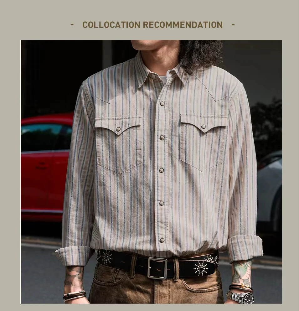 ST-0094 Red Tornado US Size Mans Cotton Shirt Genuine Quality Vintage Strip Long Sleeve Loose Fitting Snap Button Shirts