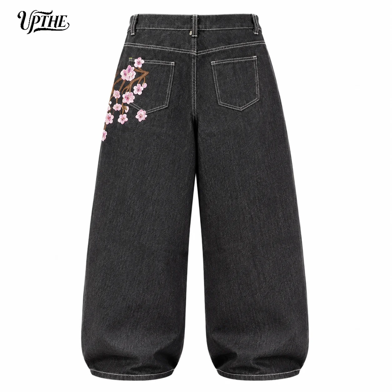 UPTHE Men's Baggy Wide Leg Jeans, Cherry Blossom Embroidery Denim Pants, Vintage Black Loose Fit Streetwear Y2K Hip Hop Jeans with Floral Embroidery