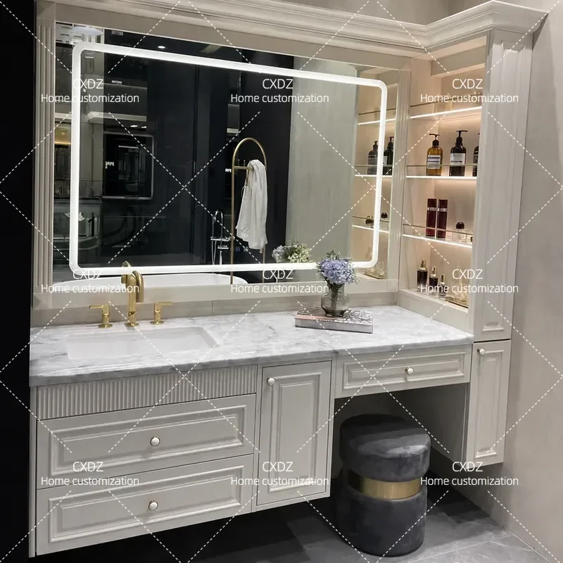 Oak Bathroom Vanity Cabinet with Integrated Washbasin European Style Cream Color Toilet Sink Combo