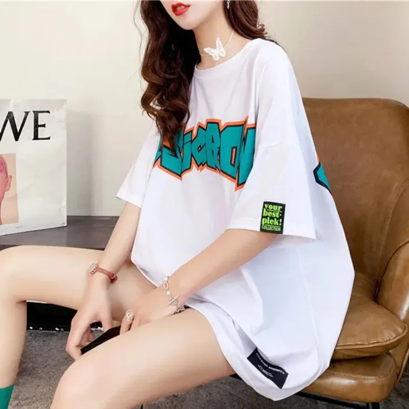 Top Female Baggy Graphic Women\'s T-shirt Summer Outfit Pink Long Clothing Korean Style Harajuku Fashion Reviews Many Clothes Tee