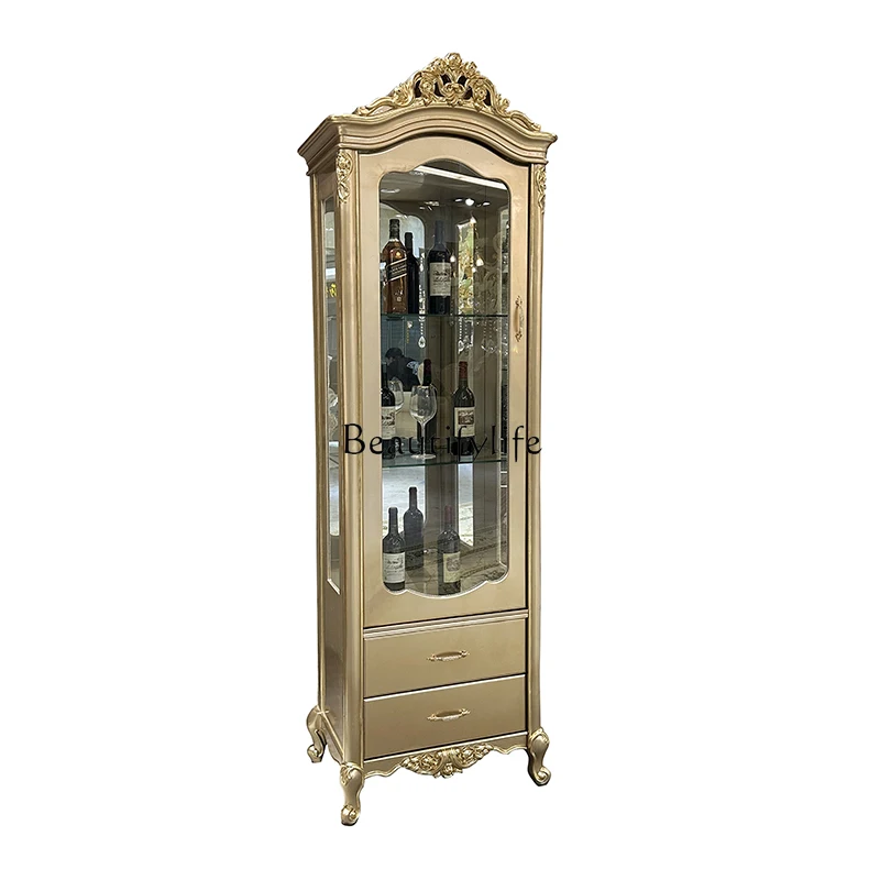 

*French solid wood single-door wine cabinet, European luxury carved living room glass display cabinet
