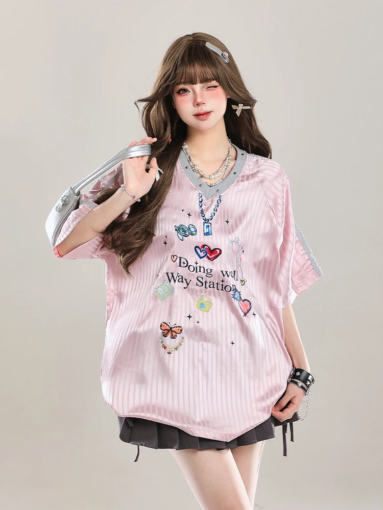 American Chic Sweet Spicy Print V-Neck Short Sleeve T-Shirt Women Summer Jersey Loose Casual Sport Half Sleeve round Neck