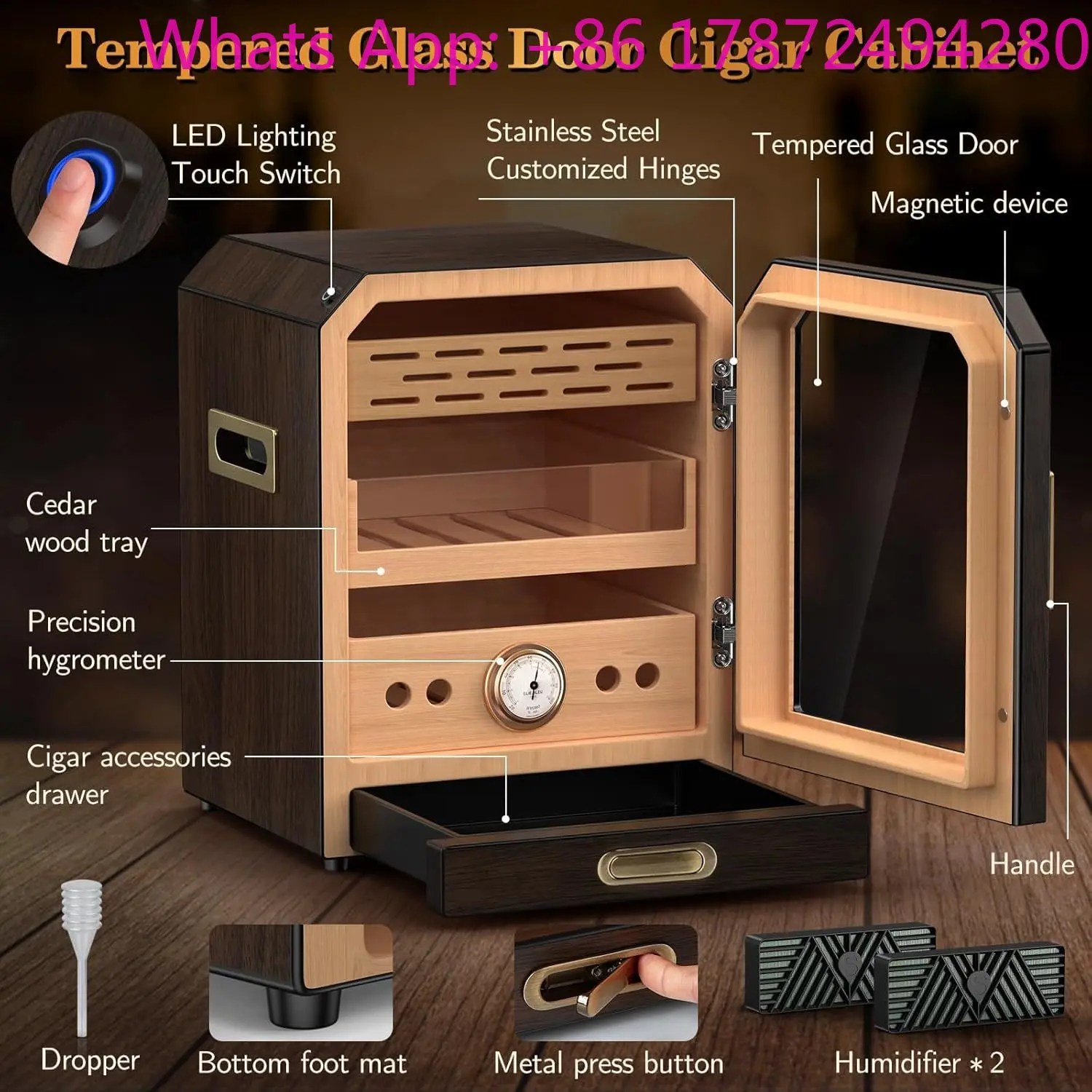 Cigar Humidor, Lighted Control Magnetic Door, with Cigar Accessory Drawer and 2 humidifiers 3 Layer Large Capacity Storage