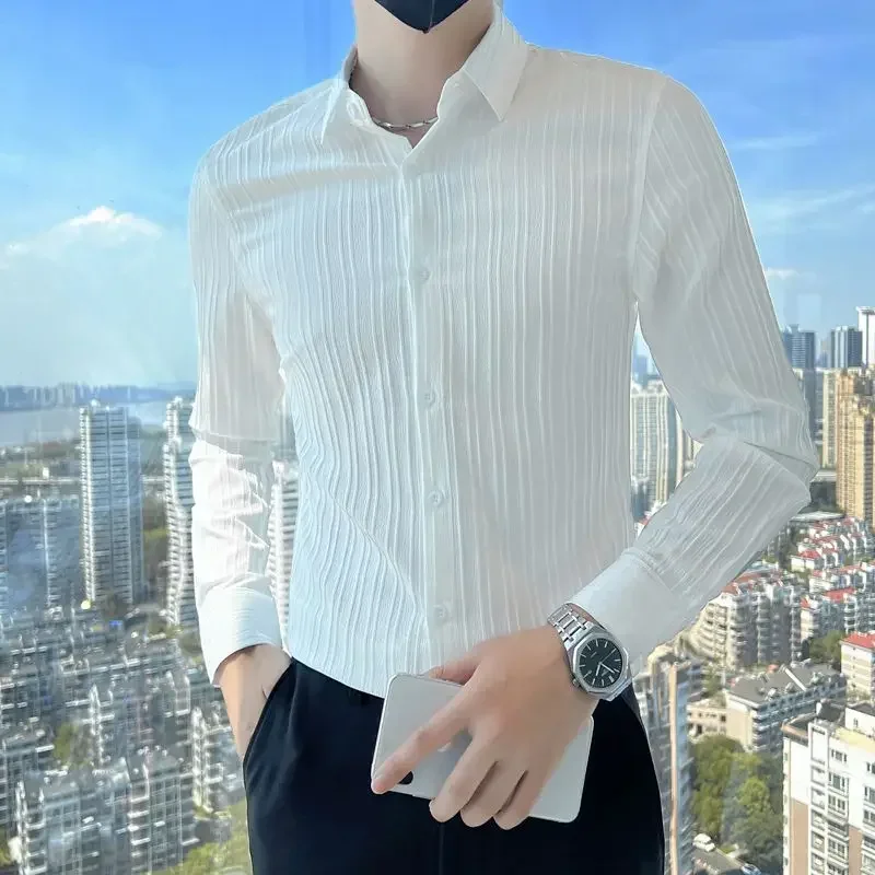 

Formal Turn-down Collar Loose Business Casual Fashion Button Pleated Shirts Man Spring Summer Men's Clothing Handsome Capable