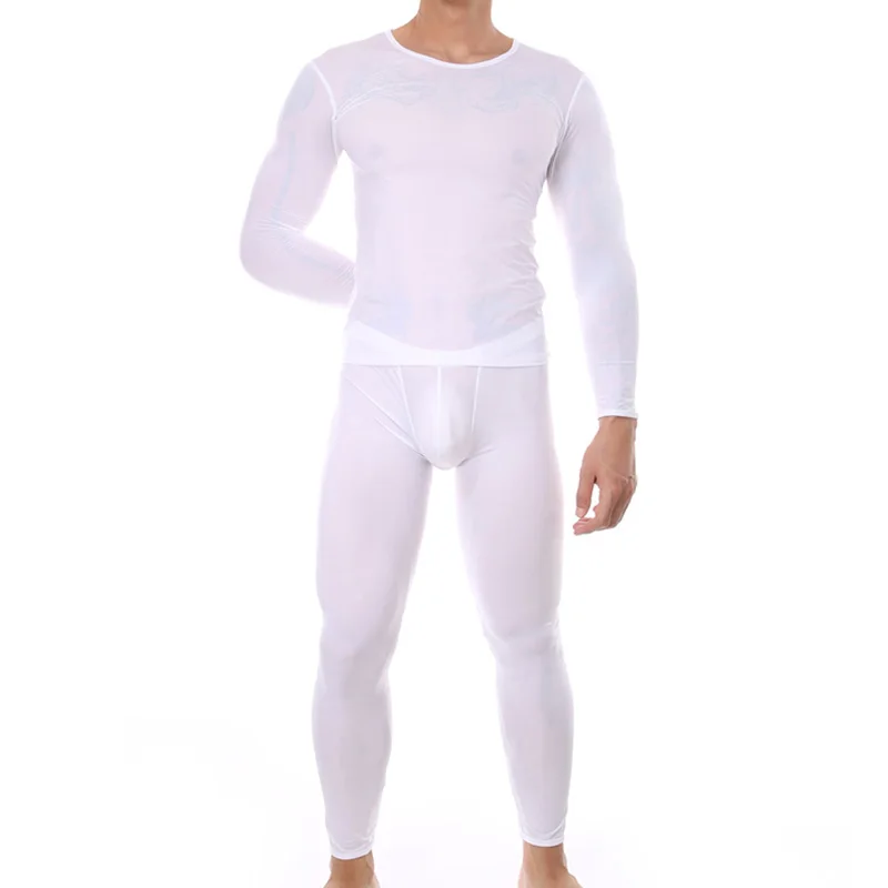 Men\'s Sexy Transparent Underwear Arrangement Sheer Ultra-Thin Seamless Warm Long Johns Ice Silk Comfortable Long Pajama Set