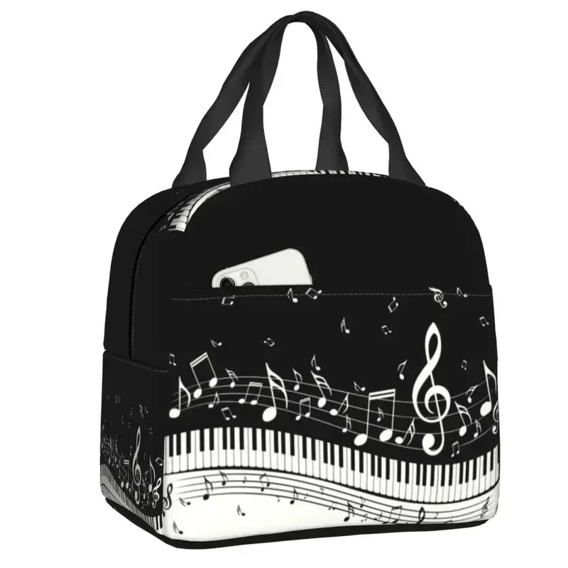 Piano Key With Music Notes Thermal Insulated Lunch Bags Women Musician Pianist  Container for School Food Bento Box