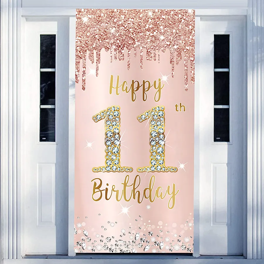 

Rose Gold Happy 11th Birthday Party Decoration Door Cake Banner Backdrop for Girls 11 Years Old Bday Pink Photography Background