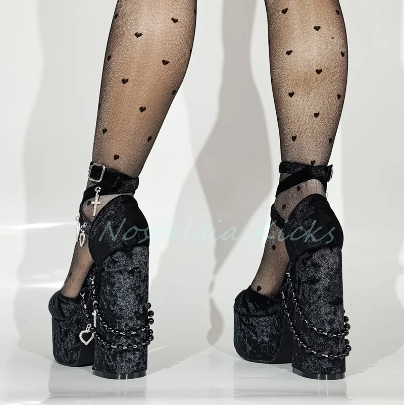 Gothic Black Velvet Platform High Heel Sandals Chunky Cross Buckle Strappy Peep Toe Pumps Punk Dark Fashion Women's Shoes