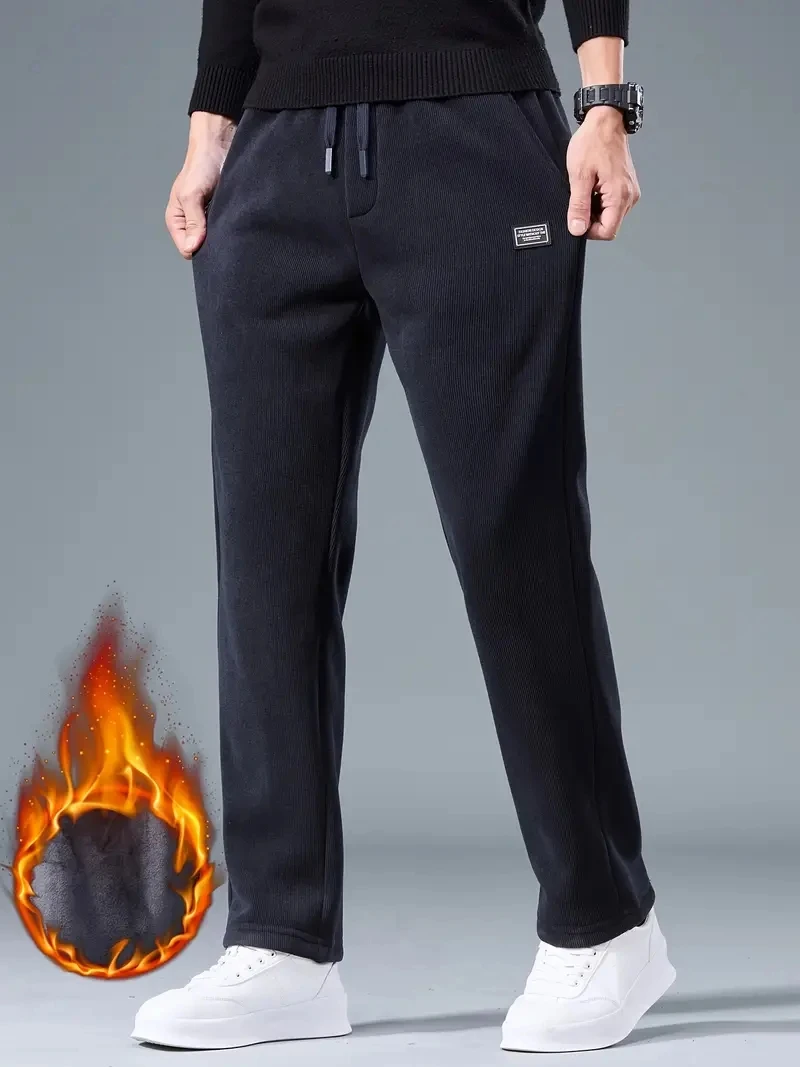 2025 الشتاء سروال قصير Sweatpants الرجال الرباط صوف مبطن سميكة الدافئة واسعة الساق مستقيم سراويل تقليدية الذكور فضفاض بنطلون