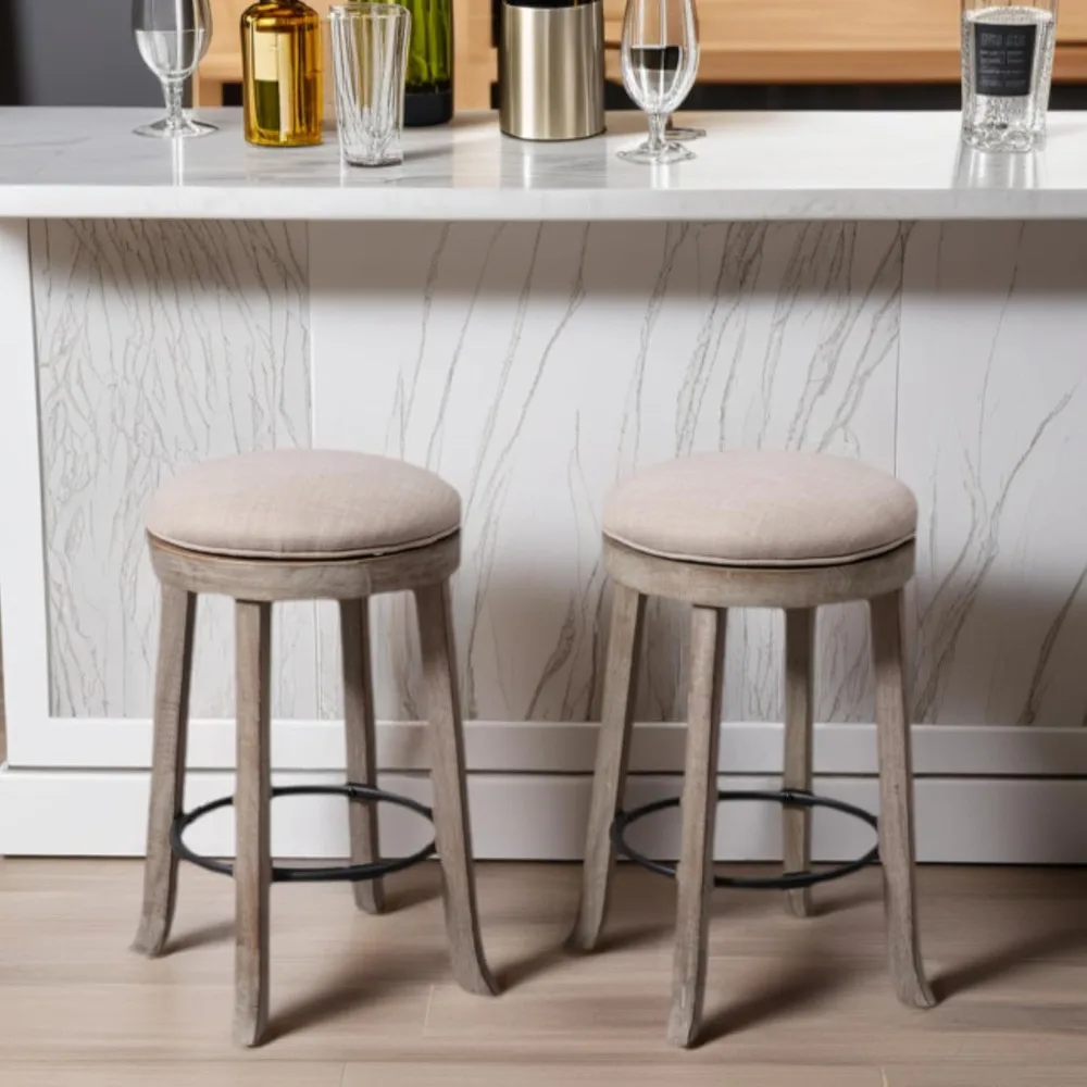360 °   回転式バースツール 2 個セット、25.6 インチのファームハウスカウンターハイトスツール、無垢材の脚付き、モダンな背もたれのないバースツール