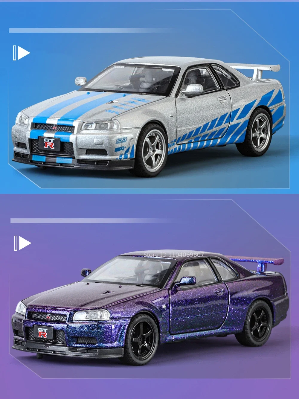 Maßstab 1:32 SKYLINE GTR R34 Sportwagenmodell Spielzeug Metalldruckguss Zurückziehen Supercar-Modelle Sound Licht Ornamente Kinder Erwachsene Geschenke – Detail 5