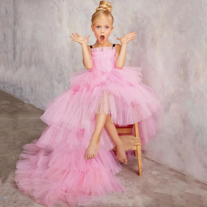 

Pink Flower Girl Dress O-Neck Sleeveless Girls Princess Wedding Party Dress Puffy Tulle First Communion Gown Dresses