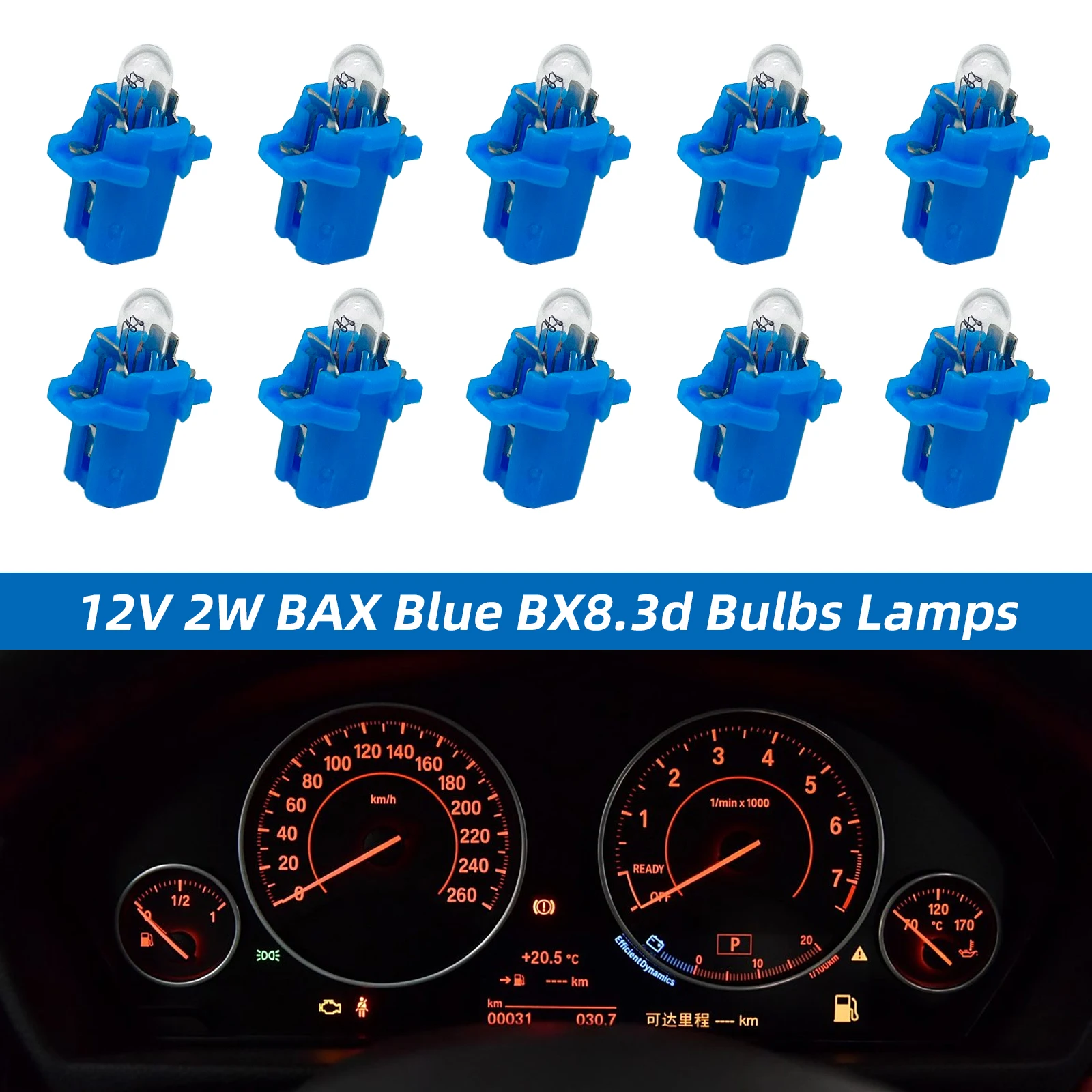 10 Pieces 12V 2W B8.3d Bulbs Lamps BAX Blue for Audi Mercedes Benz BMW Opel Volvo Dashboard Instrument