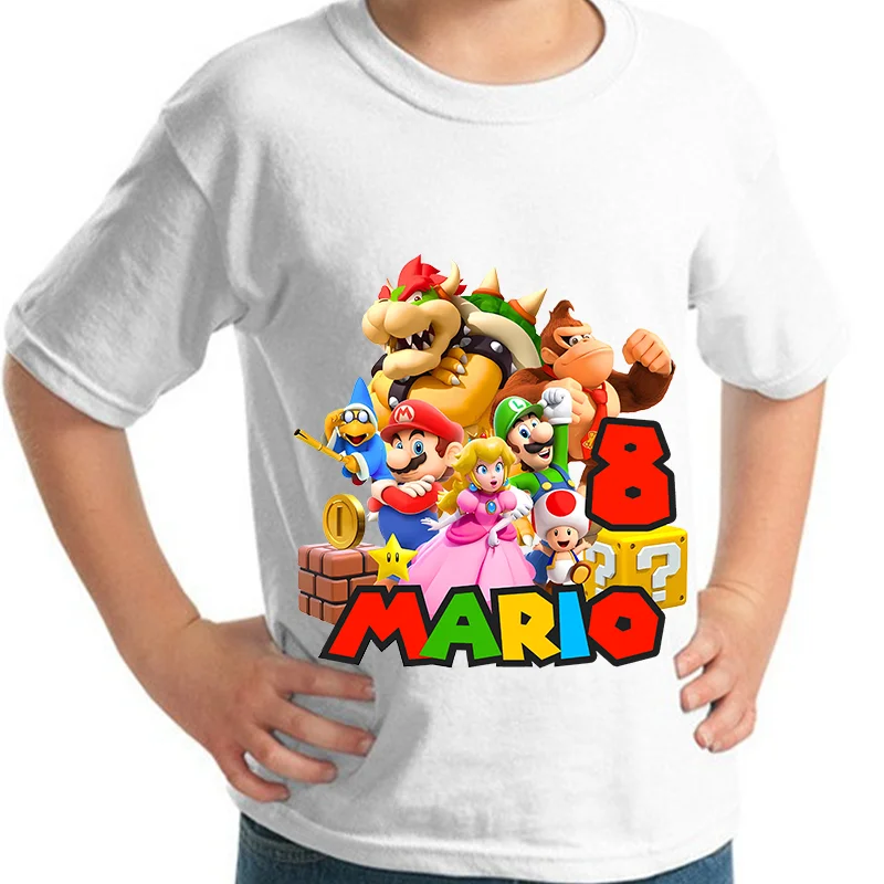 

Новая футболка Super Mario Bros, одежда с рисунком аниме, базовые топы с круглым вырезом для мальчиков, впитывающая белая футболка с короткими рукавами, подарок на день рождения