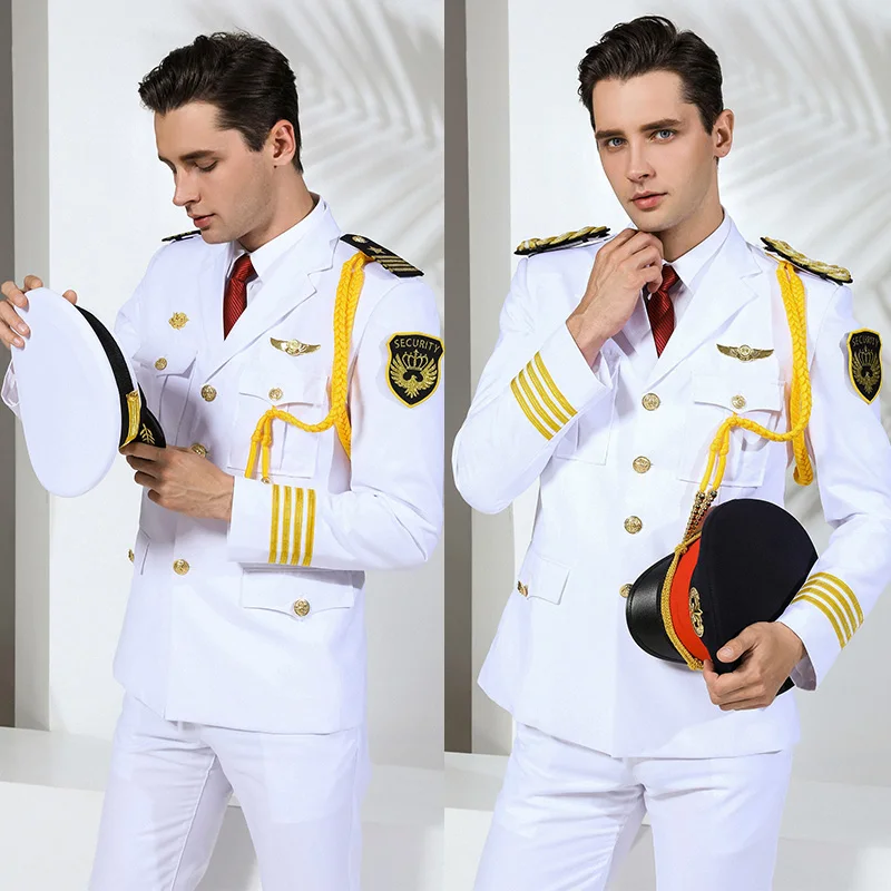 Security Guard Uniform White Men Property Concierge Jacket Pants Hat Ribbon Accessories Workwear Military Clothes US Navy Suit