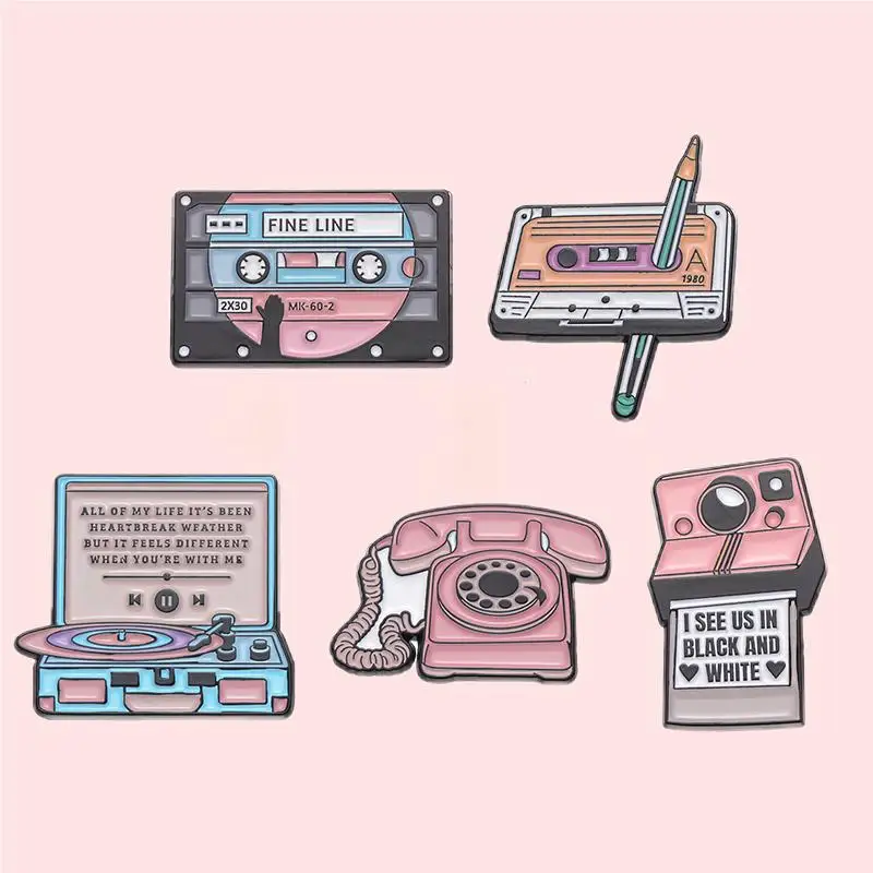 Pin Club | Cartoon Brooch Magnetic tape camera Telephone Record Music Creative Alloy Lapel Badges Clothes Ornament Buttons Gifts