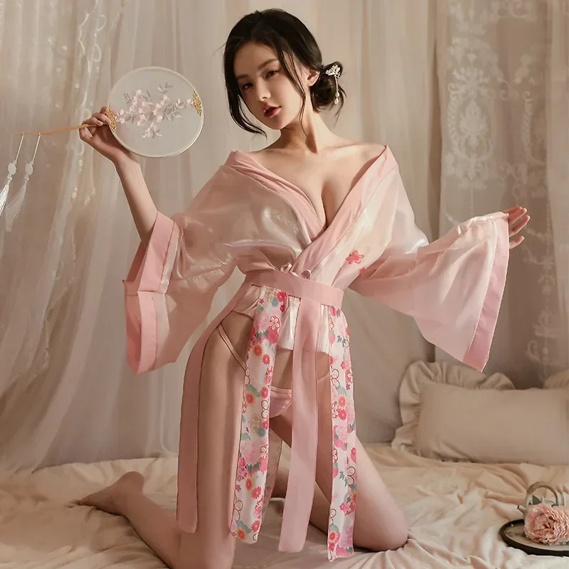 Top Fashion Sexy Wide Sleeved Shirt Hanfu Pajama Uniform Set Open Cut Chiffon Skirt Women Ancient Style Nightgown Lingerie Dress