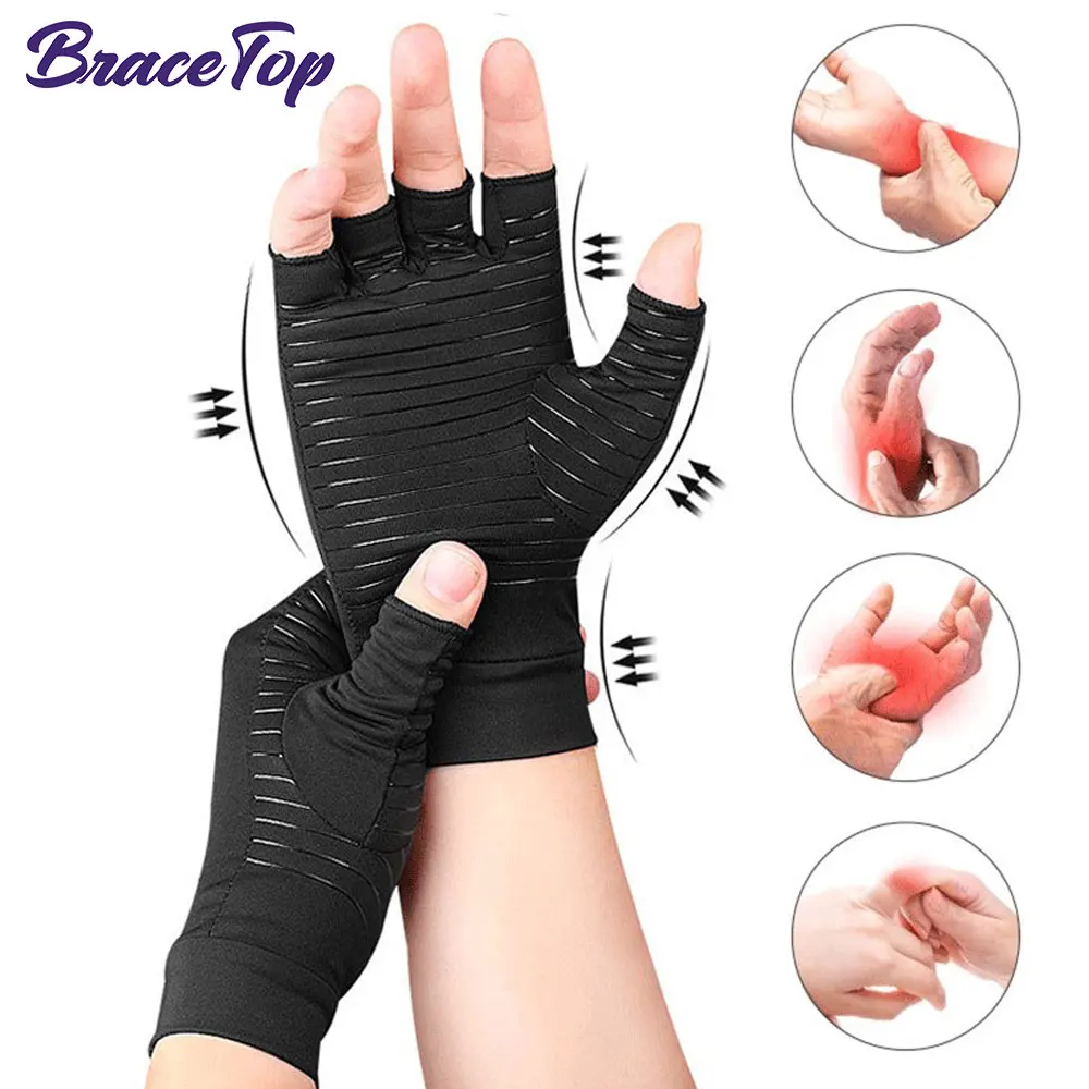 1Pair Copper Arthritis Compression Gloves Fingerless for Carpal Tunnel, Rheumatoid,Tendonitis,Computer Typing,Support for Joints