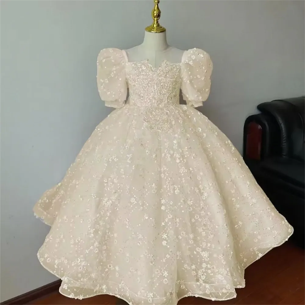 فستان فتاة الزهور اللامع لحفلات الزفاف مطرز بالترتر بطول الشاي للفتيات والأطفال وحفلات أعياد الميلاد الأولى بالتواصل المقدس حسب الطلب #6