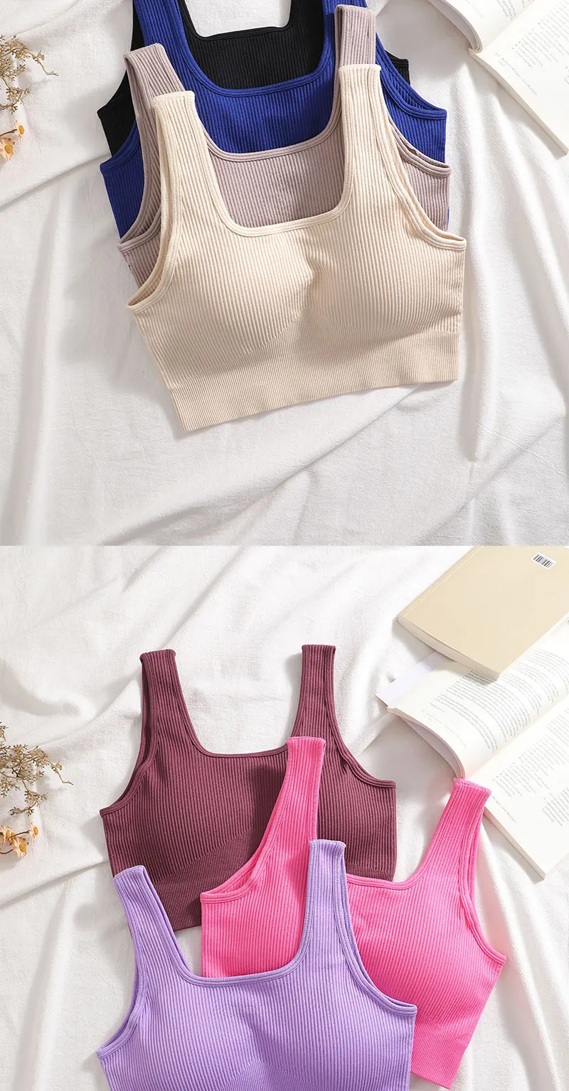 Nahtloses geripptes Crop-Tanktop für Damen, gepolsterter BH, quadratischer Ausschnitt, ärmellose Sportweste, hohe Dehnbarkeit, weich, atmungsaktiv, Fitness-Yoga-Top – Detail 9