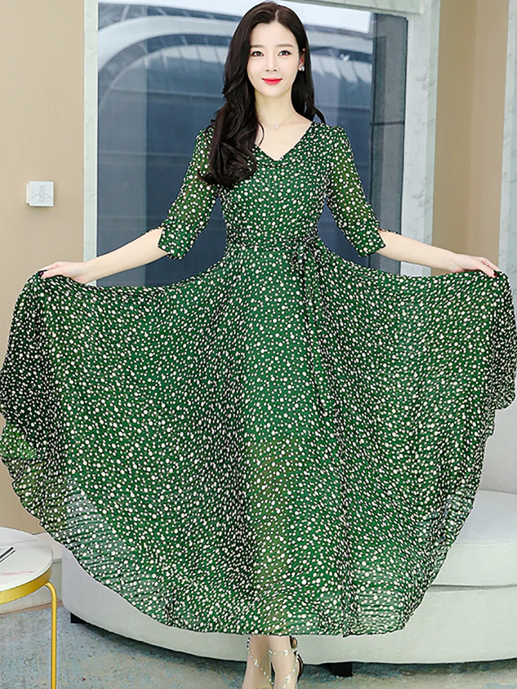 Summer Green Print Polka Dot Chiffon Maxi Dress Women Casual Vacation Beach  Dress 2024 Korean Elegant Bodycon Luxury Party Dress - AliExpress 200000345