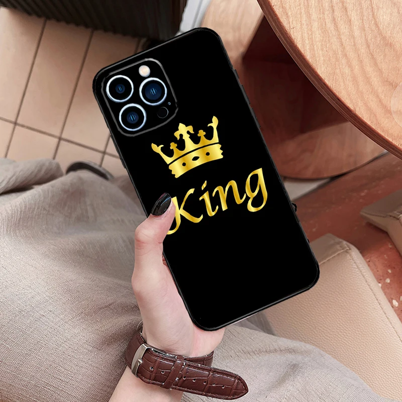 Luxury King Queen Crown Couple Funda Case For iPhone 14 Pro Max 12 13 Mini 11 15 16 Pro XS X XR 7 8 14 Plus