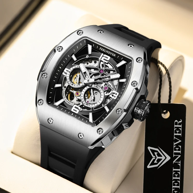 FeelNever NEW Fashion Mechanical Man Watch Luxury Hollow Silicone Automatic Watches for Men Waterproof Casual Sports Wristwatch