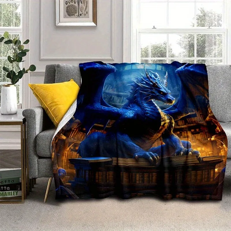 Blue Vintage Library Dragon Throw Blanket Lightweight Flannel Throw For Sofa Bed Travel Camping Livingroom Office Couch