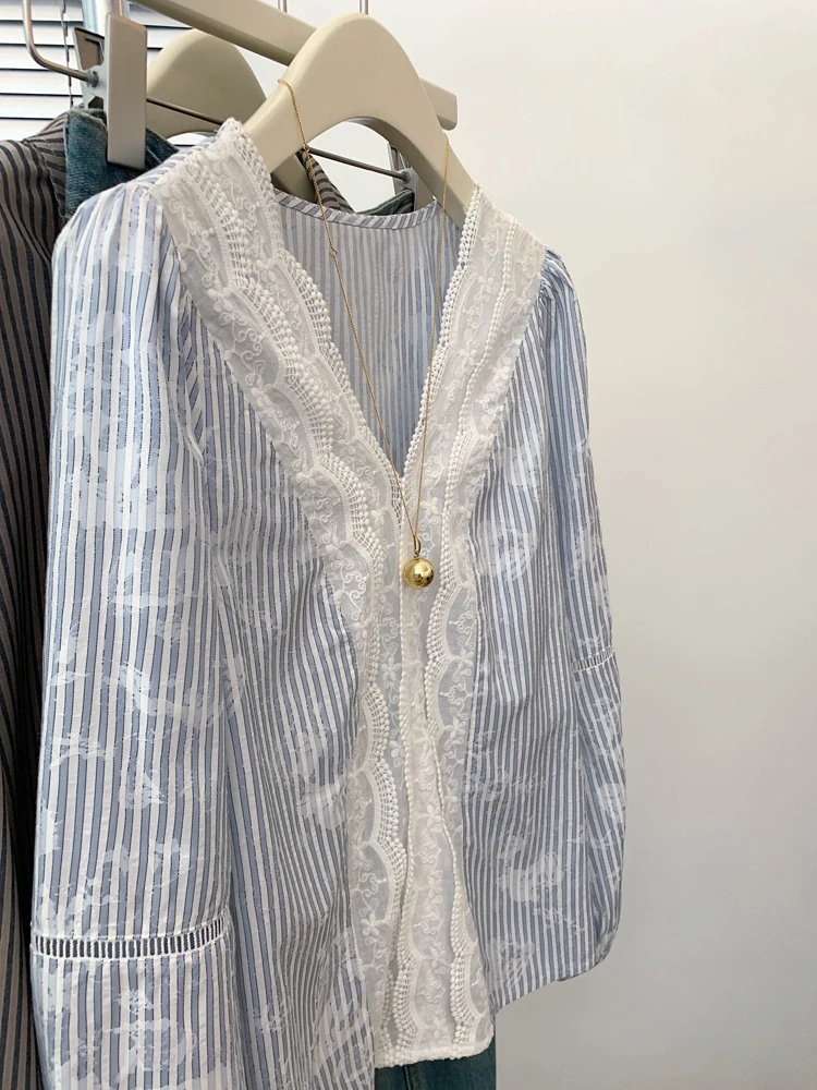 Zoete blauwe streep kant patchwork casual V-Ne irt heren lente herfst faionable all-match losse pasvorm lange Sve top