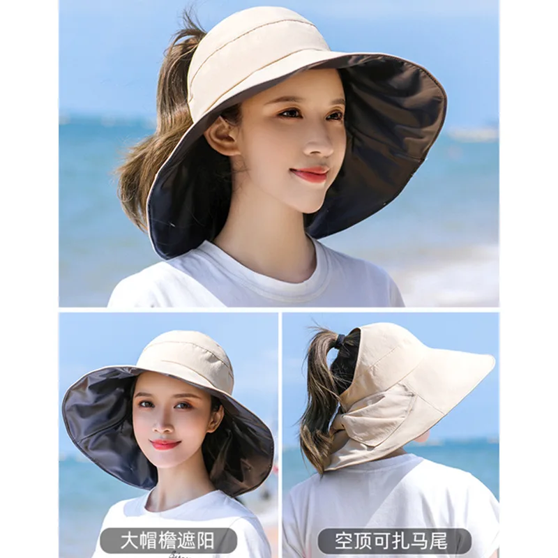 2026 New Uv Protection Wide Brim Sun Hat For Women Black Glue Lining Empty Top Ponytail Friendly Cotton Cap For Outdoor Cycling