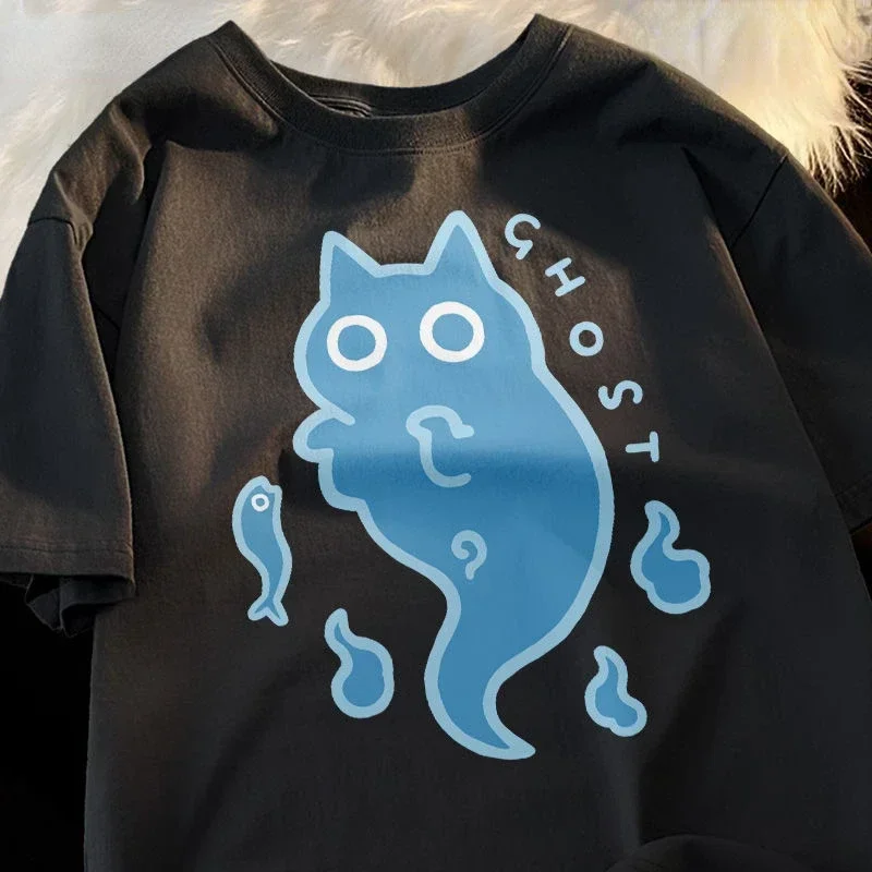 

Summer Relaxed Casual Cotton Couple Costume Y2k Clothing Creative Ghost Cat Blue Ghost Short Sleeve T-shirt Men and Women Ins