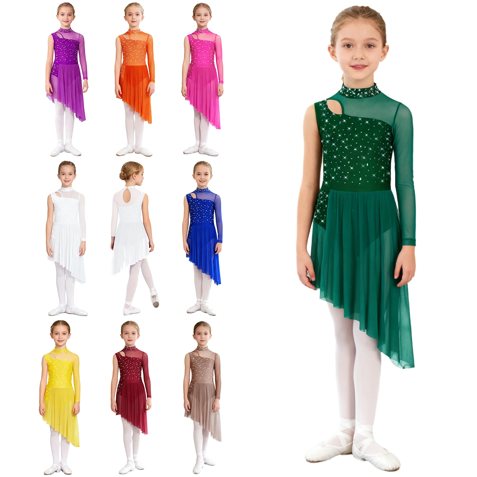 Children Girls Modern Lyrical Dance Leotard Dress Shiny Rhinestones Sheer Mesh Skating Gymnastics Acrobatics Recitals Dresses