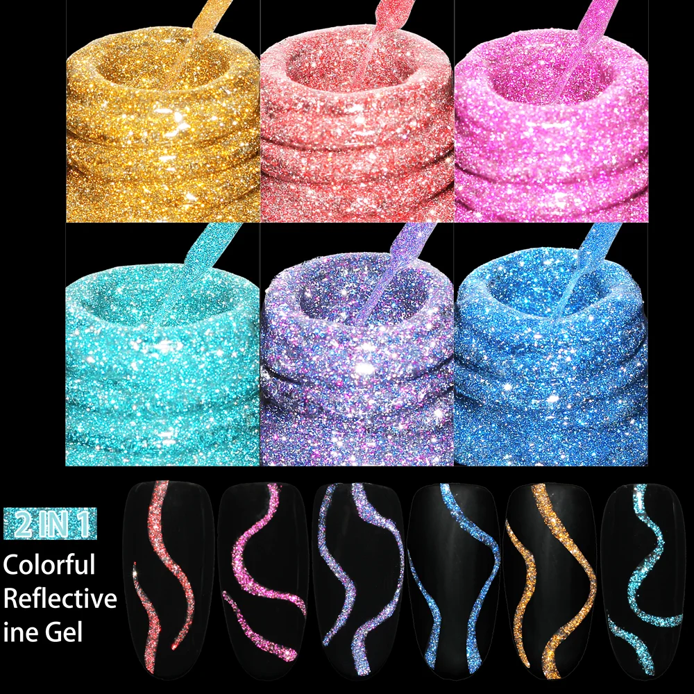 12 Colors Nail Art Gel Liner Polish Set Reflective Glitter Soak off UV Gel Nail Polish Kit Manicure Gifts for Women