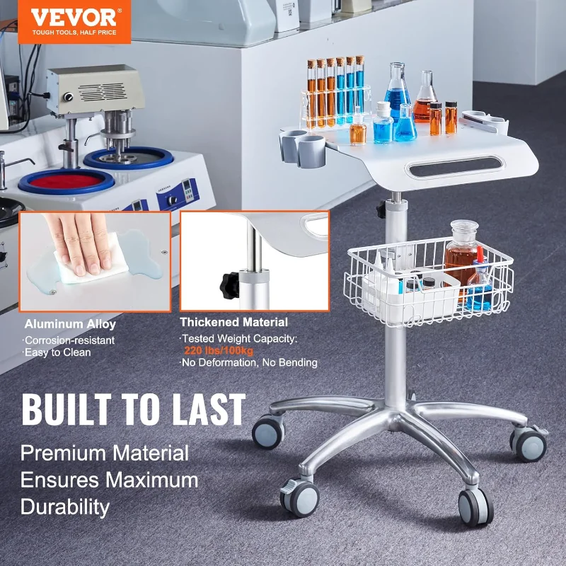 VEVOR Medical Mobile Trolley With Wheels 29.5"-41.3" Height Adjustable Stainless Steel Dental Cart Rolling Desktop Lab