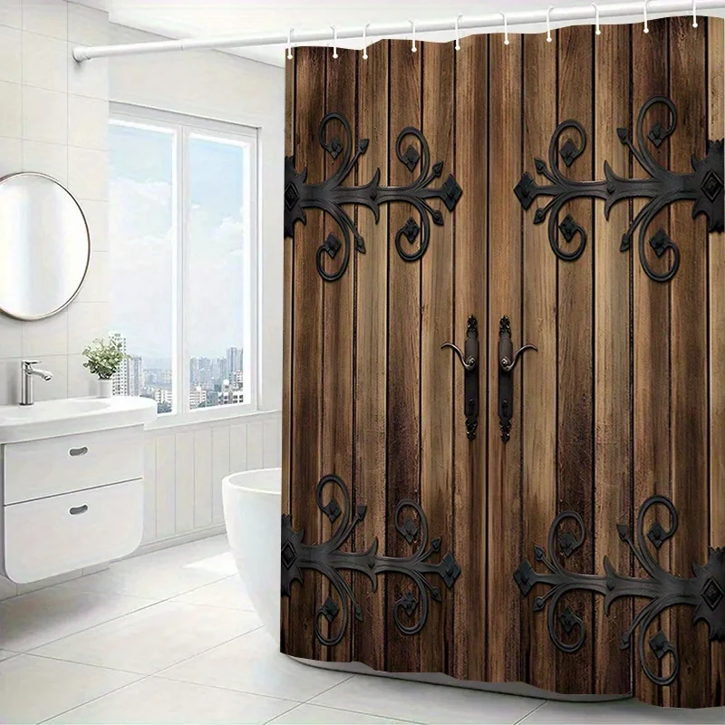 

Wooden Door with Iron Hinges Shower Curtain Machine Washable All Season Waterproof Privacy Protection Rustic Design Vintage