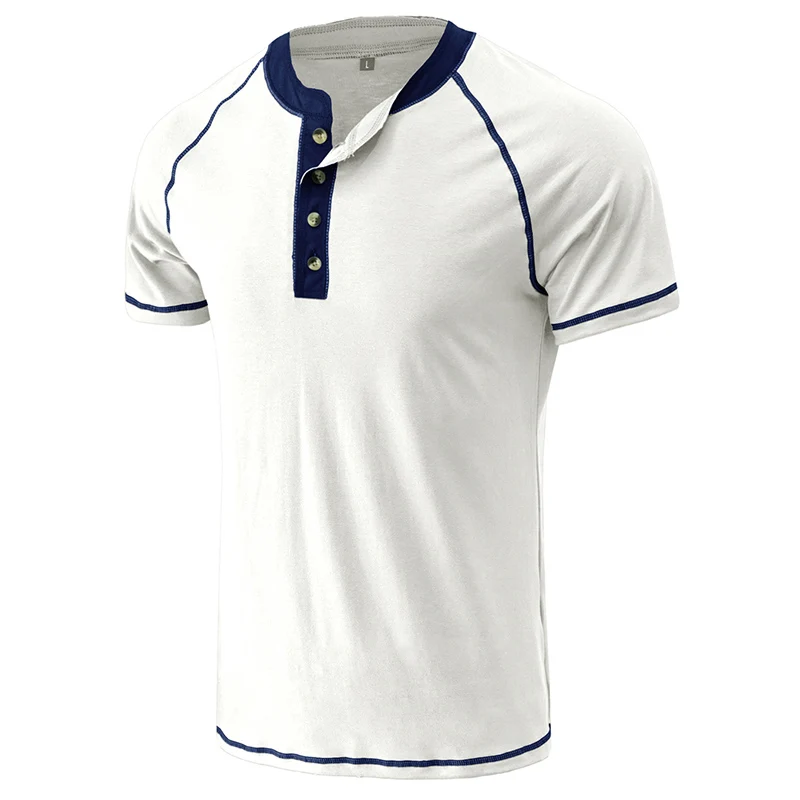Camiseta com gola Henley masculina, camiseta branca, manga curta, tops finos, camiseta casual, cor sólida, nova moda, verão
