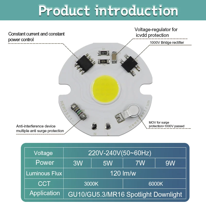 COB LED Chip Light Matrix AC 220V 3W 5W 7W 9W Intelligent IC Without Driver LED Bulb Floodlight Spotlight