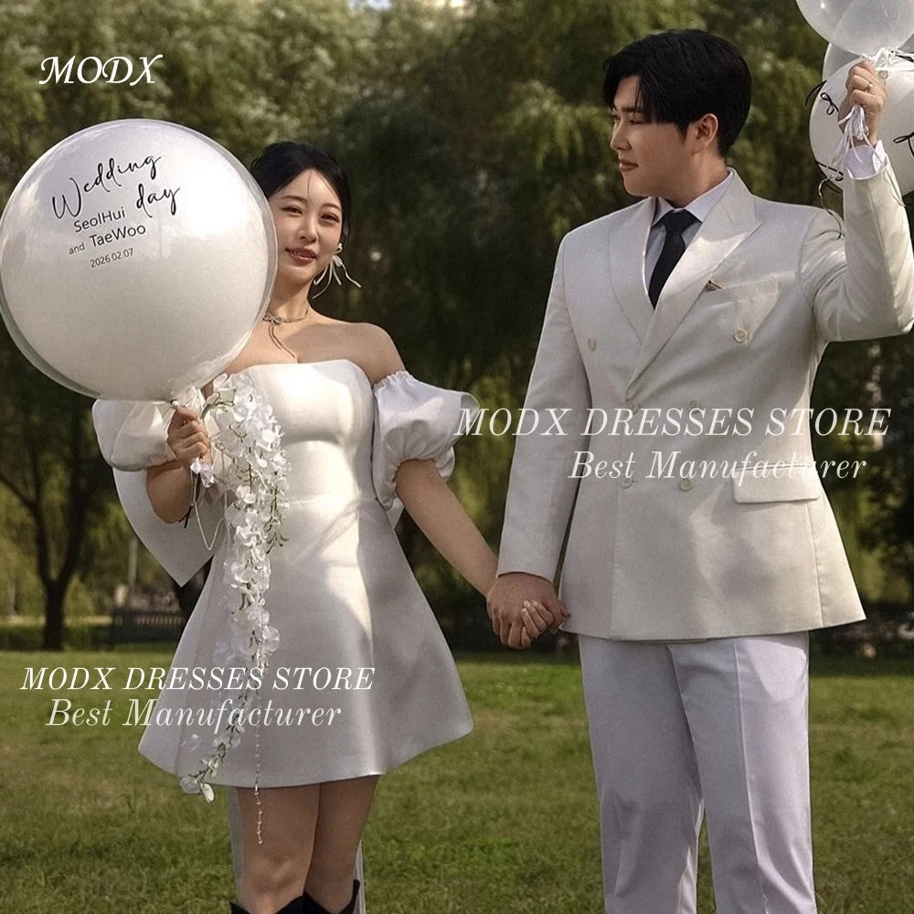 

MODX Simple Ivory Strapless Satin Mini Korean Wedding Dress Short Bridal Gown for Photo shoots Customized Vestidos Novias Boda