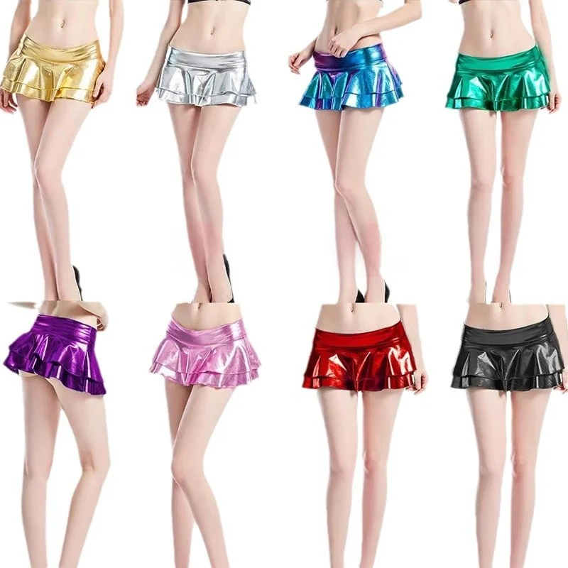 

Женская сексуальная юбка, наряд для выступлений, ультра-однокрашенная кожаная юбка из полиэстера с низкой талией, двухцветная юбка для бега и свидания