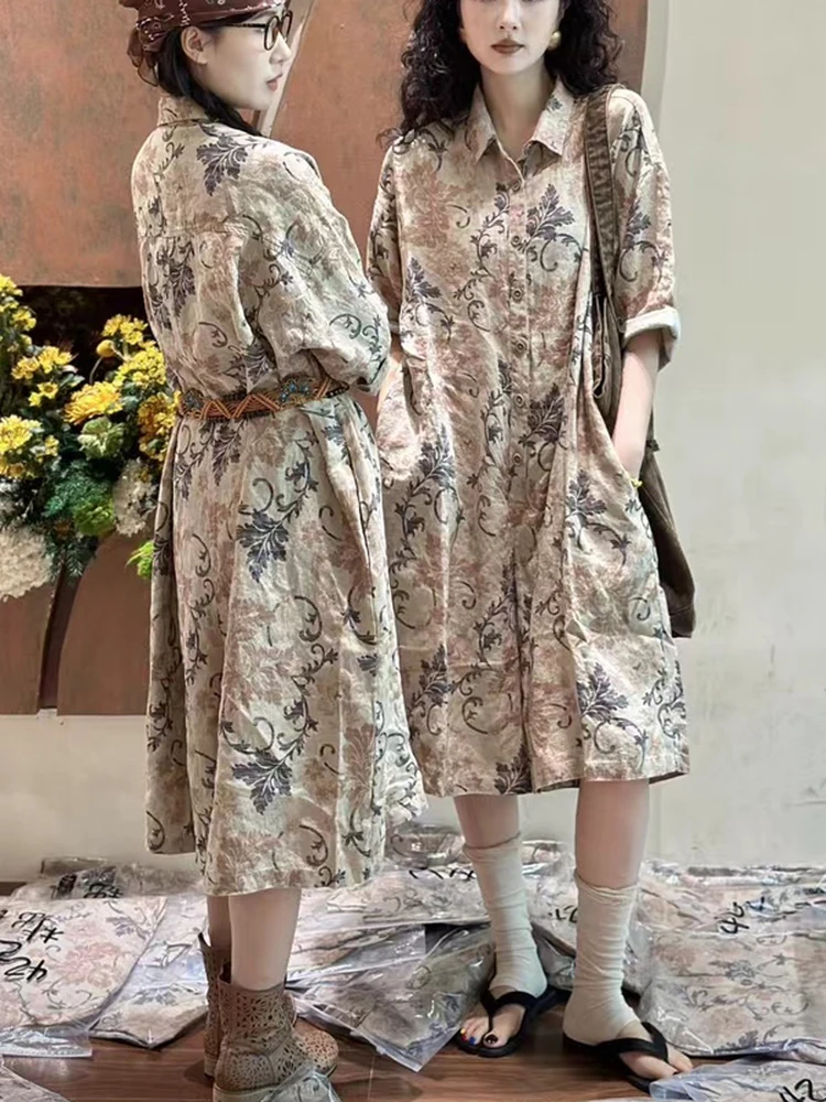 

Комбинезон Ele Monocome с принтом, длинный рукав, миди, коллекция Лето 2025, удобный для повседневной носки, из льняной ткани