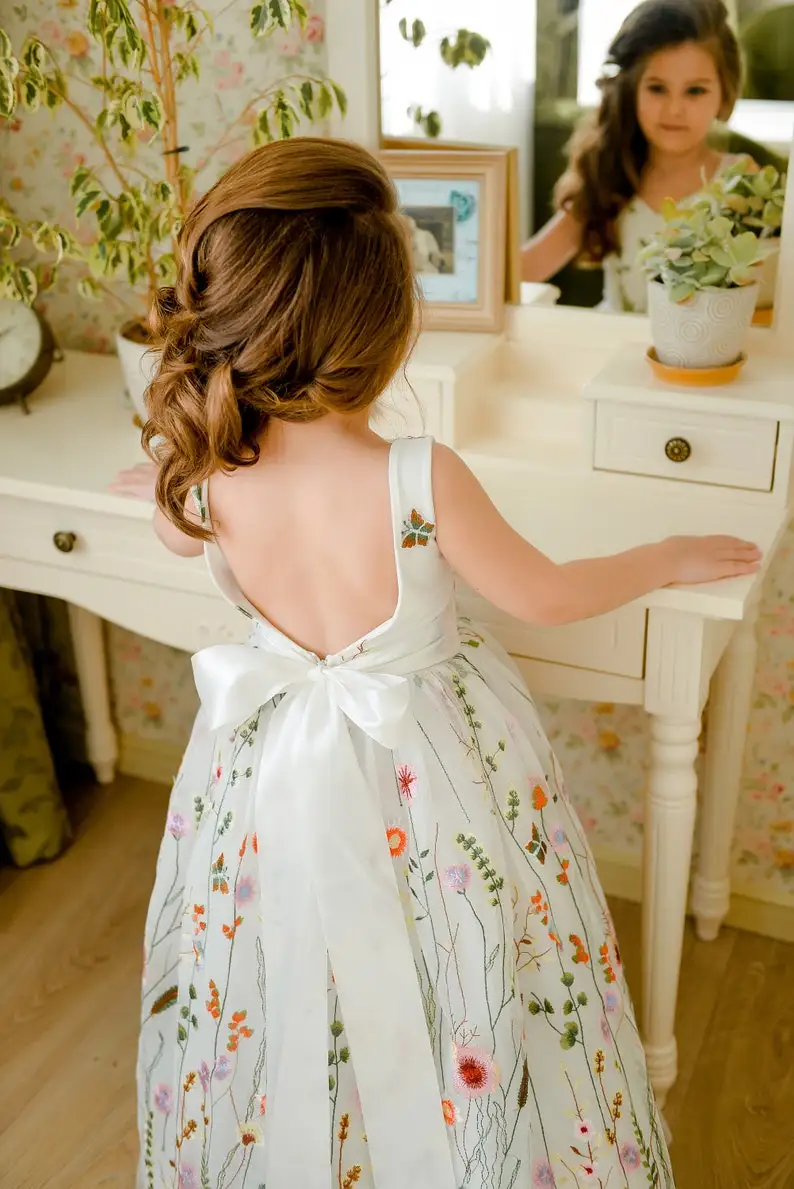 Flower Girl Dress Floor Length Embroidered Tulle Tutu Open Back Wedding Toddler Dress First Communion Gown Birthday Party bow