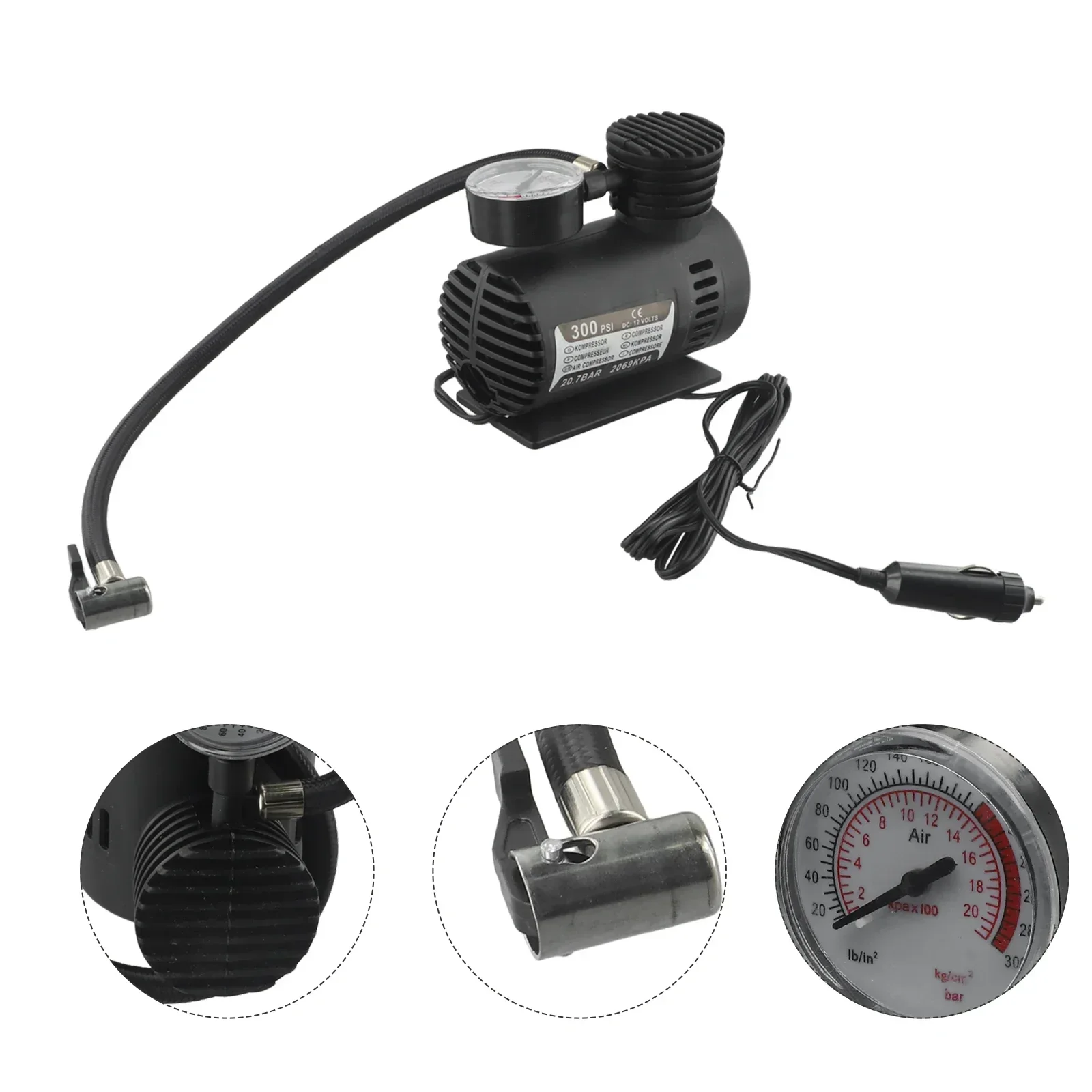 Compresor de aire portátil de 12V y 300 PSI, bomba de neumáticos para coche y camión, inflador de neumáticos eléctrico con calibre, accesorios de bomba inflable para coche